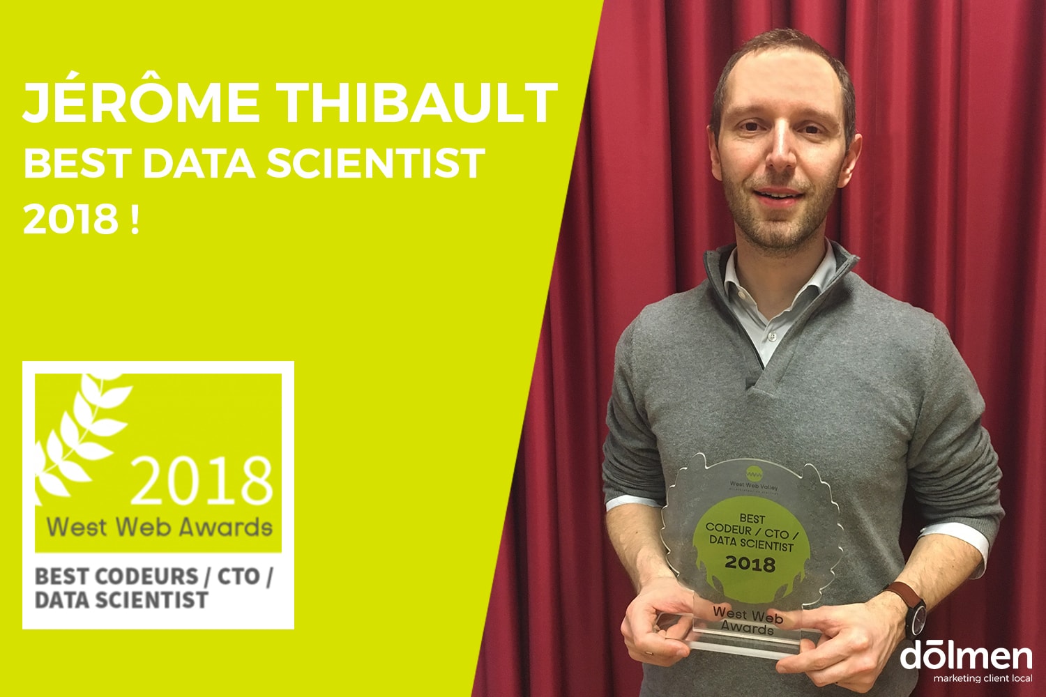 Jérôme Thibault, notre Chief Data Officer a été récompensé Best Data Scientist à la cérémonie des West Web Awards, qui récompense les les personnes qui ont fait preuve d’excellence dans un projet digital